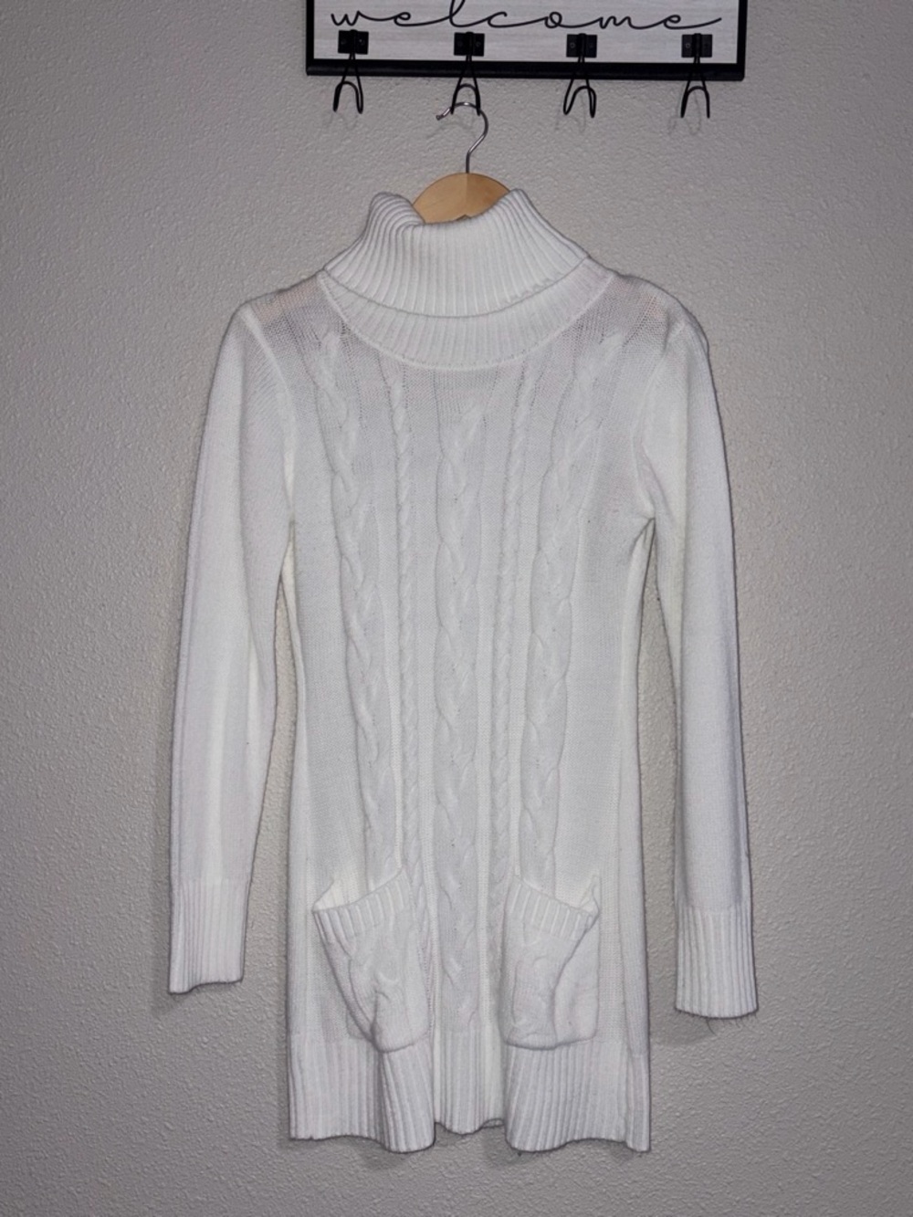Cozy White Cable-Knit Turtleneck Sweater Tunic